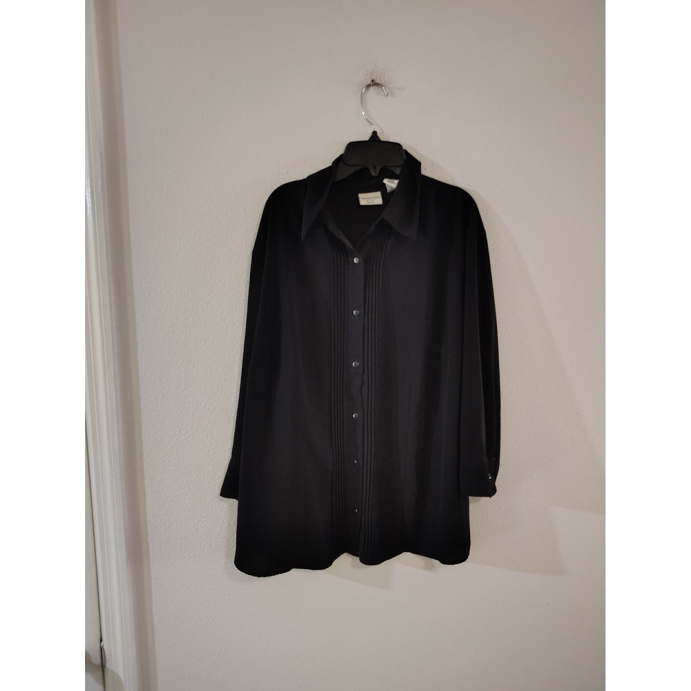 Covington Woman Black Pleated Tuxedo Front Button Down Blouse 16-18W